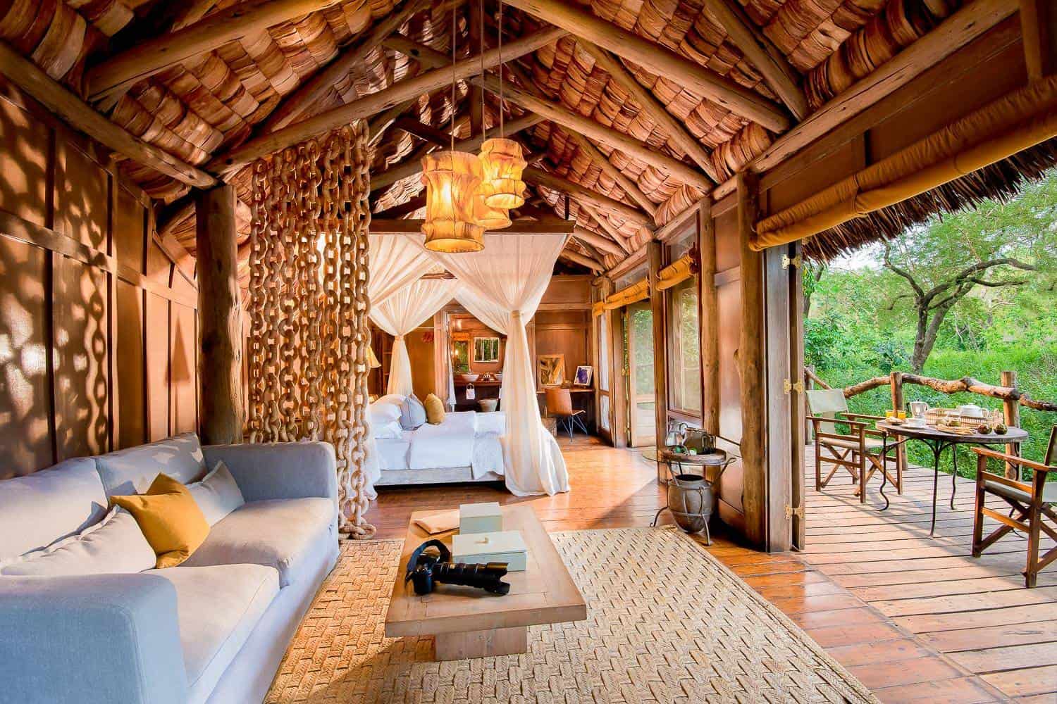 Tree-climbing lion in Lake Manyara National Park Tanzania near a luxury safari lodge on the Rift Valley escarpment