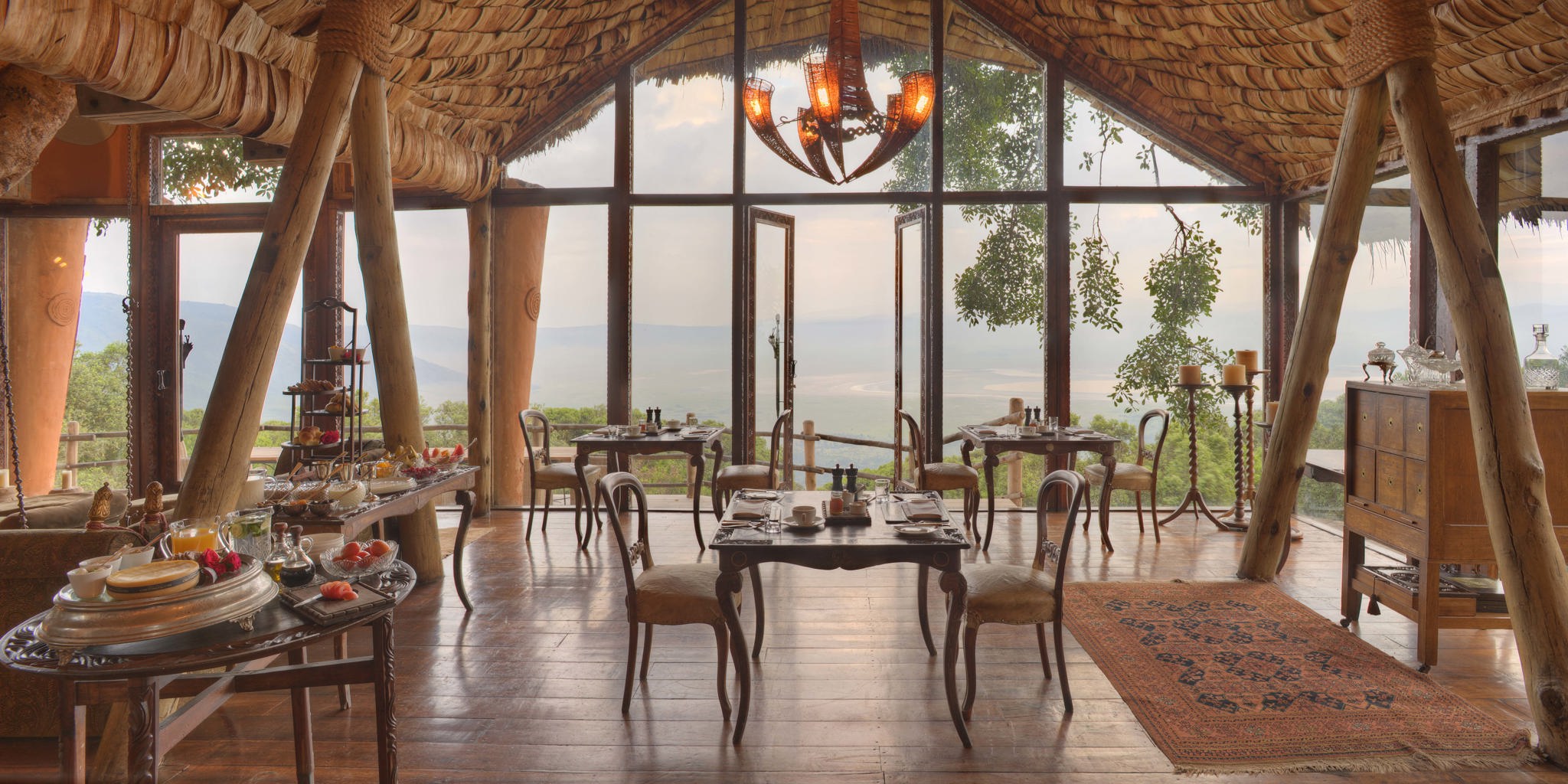 Luxury Ngorongoro crater rim lodge in Tanzania with panoramic views over the caldera floor — one of the most dramatic lodge Tanzania safari settings in the world